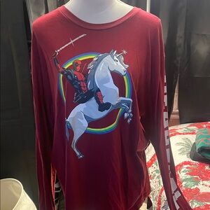 Marvel Red Long Sleeve Tee with Hero and Unicorn Graphic